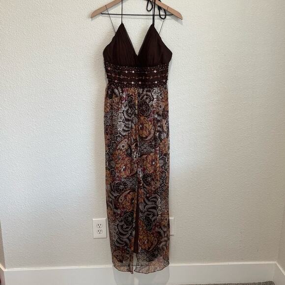 VTG Y2K Muse Silk Brown Halter Beaded Paisley Maxi Dress Whimsigoth Fairy Boho - Picture 1 of 9